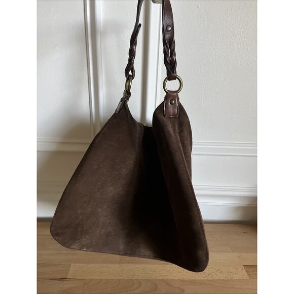 GAP Vintage Chocolate Brown Suede Hobo Shoulder Bag Braided Leather Handle - Picture 2 of 9